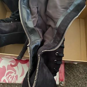 Black thigh high lace up zip up open toe boots